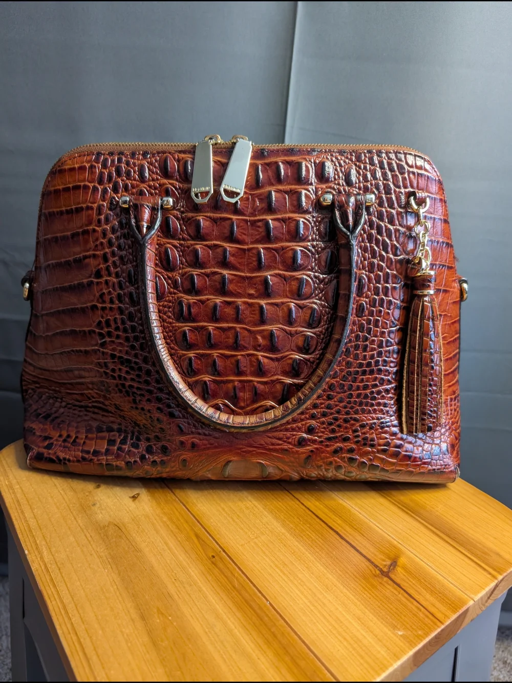 Brahmin Sydney Satchel in Pecan Melbourne Croc Embossed Leather